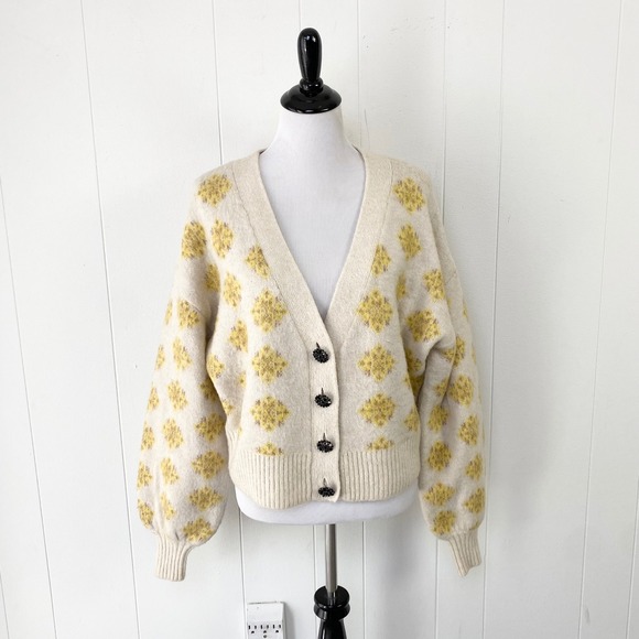 Zara Sweaters - Zara Sz M Yellow Diamond Knit Jewel Button Cardigan Cream Wool Alpaca Blend